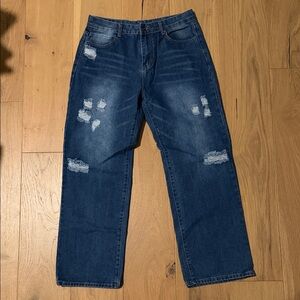 Women's Straight Leg Distressed Dark Blue Jeans